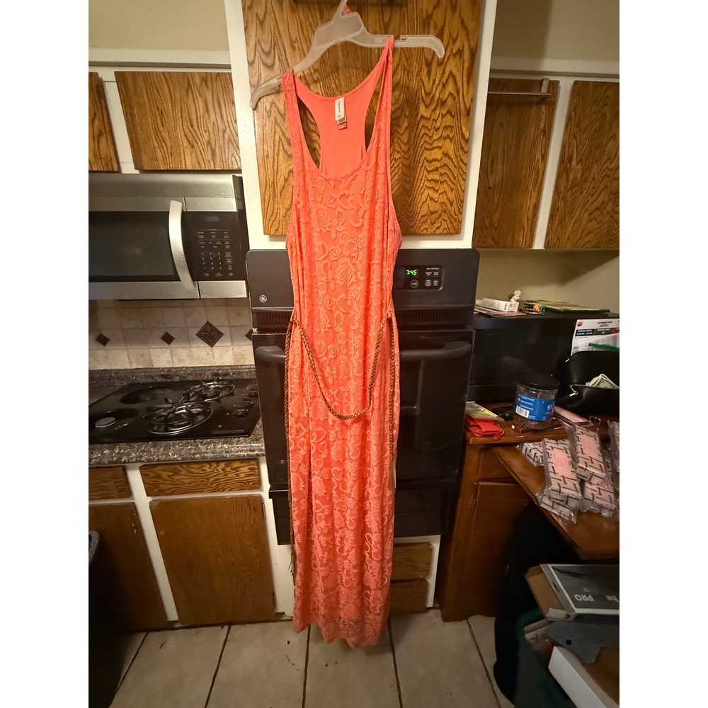 No Boundaries Coral Floral Lace Maxi Dress XXL 19 Racerback Sleeveless Belted
